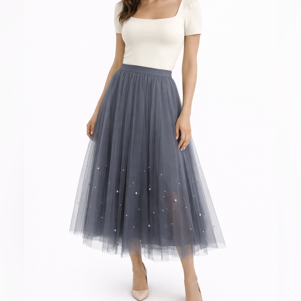 blue midi skirt pearl detailing - one size fits Small/Medium